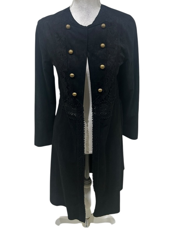 Vocal Jackets & Blazers - Nwot Vocal black faux Suede Long duster Lace-Trim Military gold Button Jacket